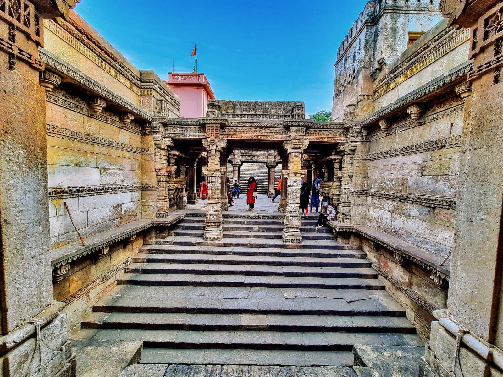 Carved stone steps of the Rudabai stepwell at Adalaj