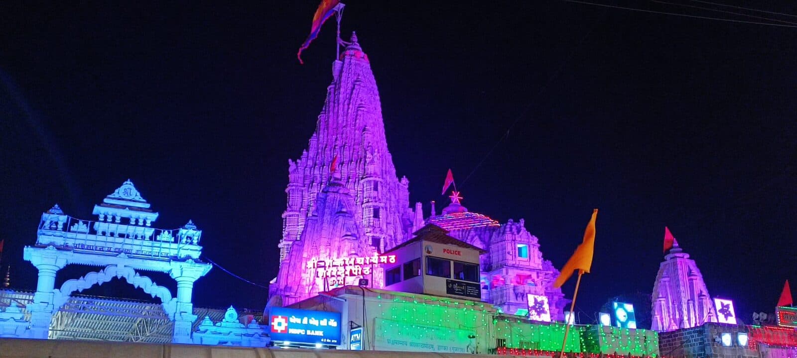 Dwarkadhish Temple lit up at night, Dwarka