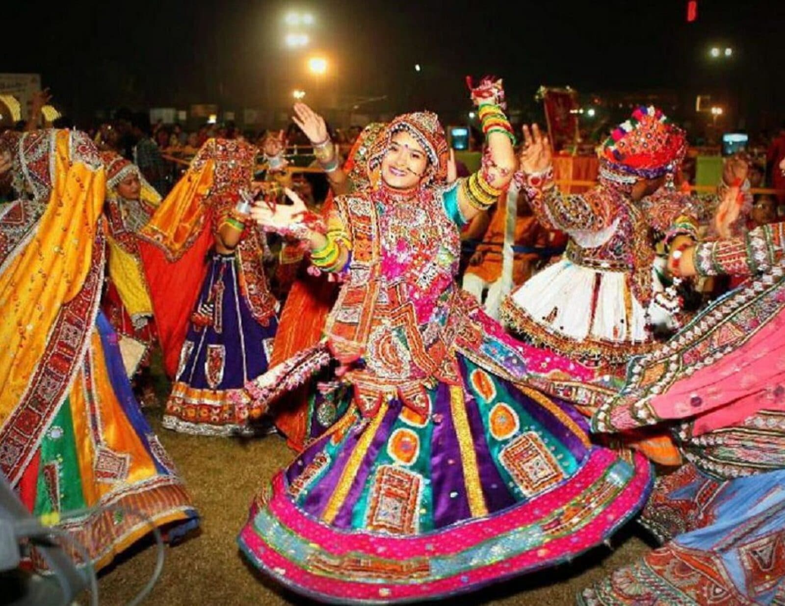 Dancers in traditional dress at a Navratri garba