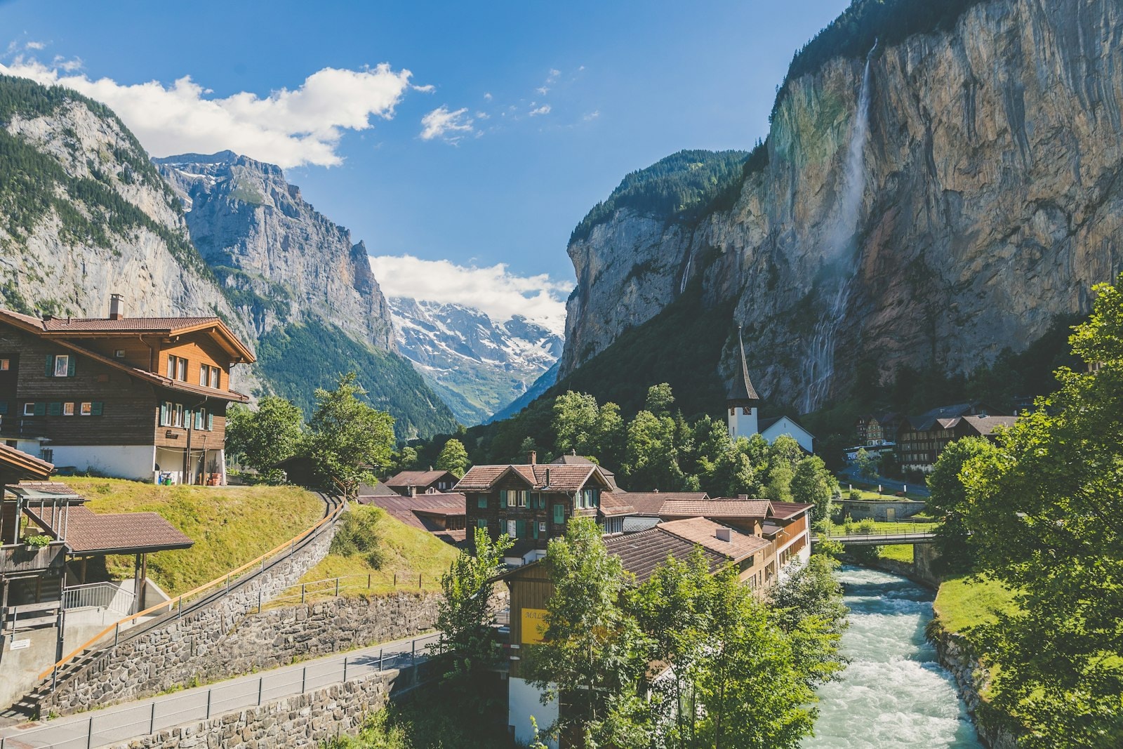 Lauterbrunnen valley, Switzerland, chalets below sheer cliffs